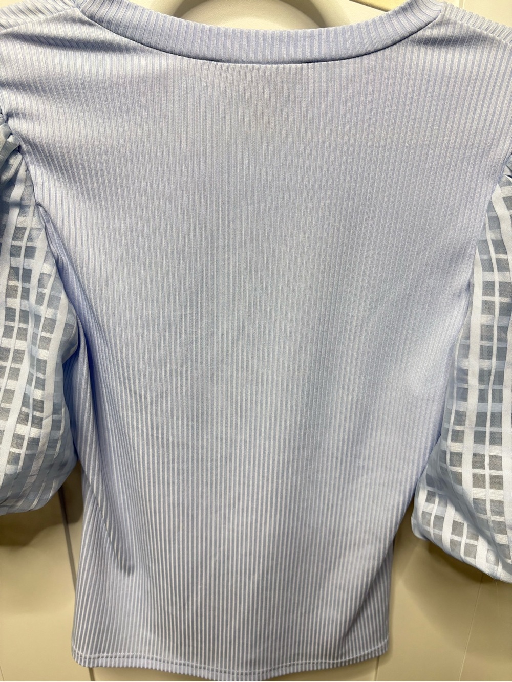 Flying Tomato Light Blue Ribbed Top with Puff Checked Sleeves - Picture 6 of 6
